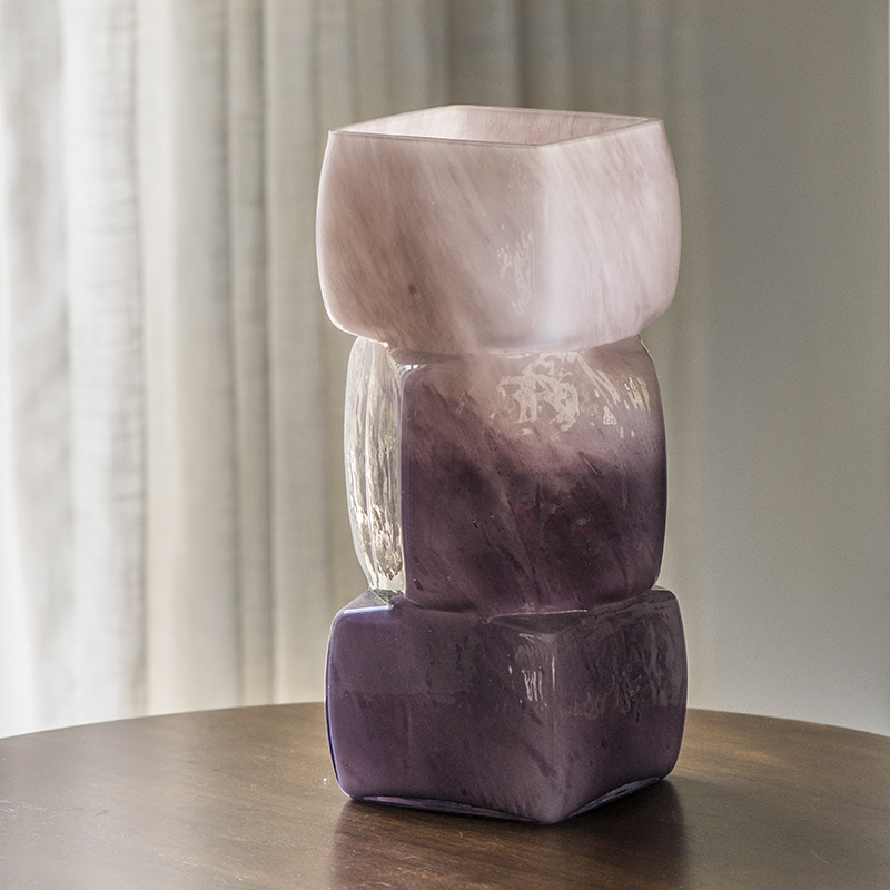 Handmade mouth-blown color art Ice cube Vases CJ23-12 Light peach/Violet