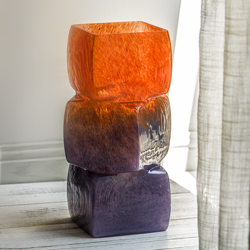 Handmade mouth-blown color art Ice cube Vases CJ23-12L Orange/Violet