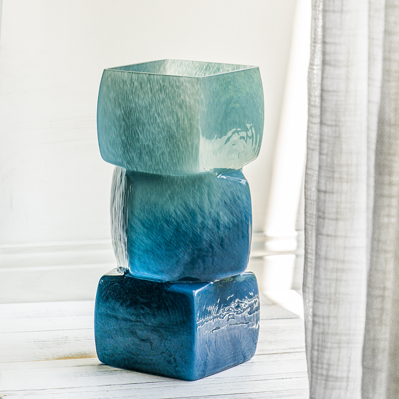 Handmade mouth-blown color art Ice cube Vases CJ23-12L Autumn blue/Dark blue