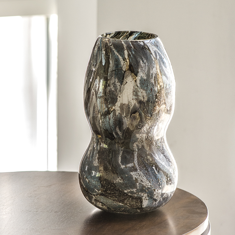 Handmade mouth-blown color art Gourd Vase G24-1 Black-White Metallic blue Agate