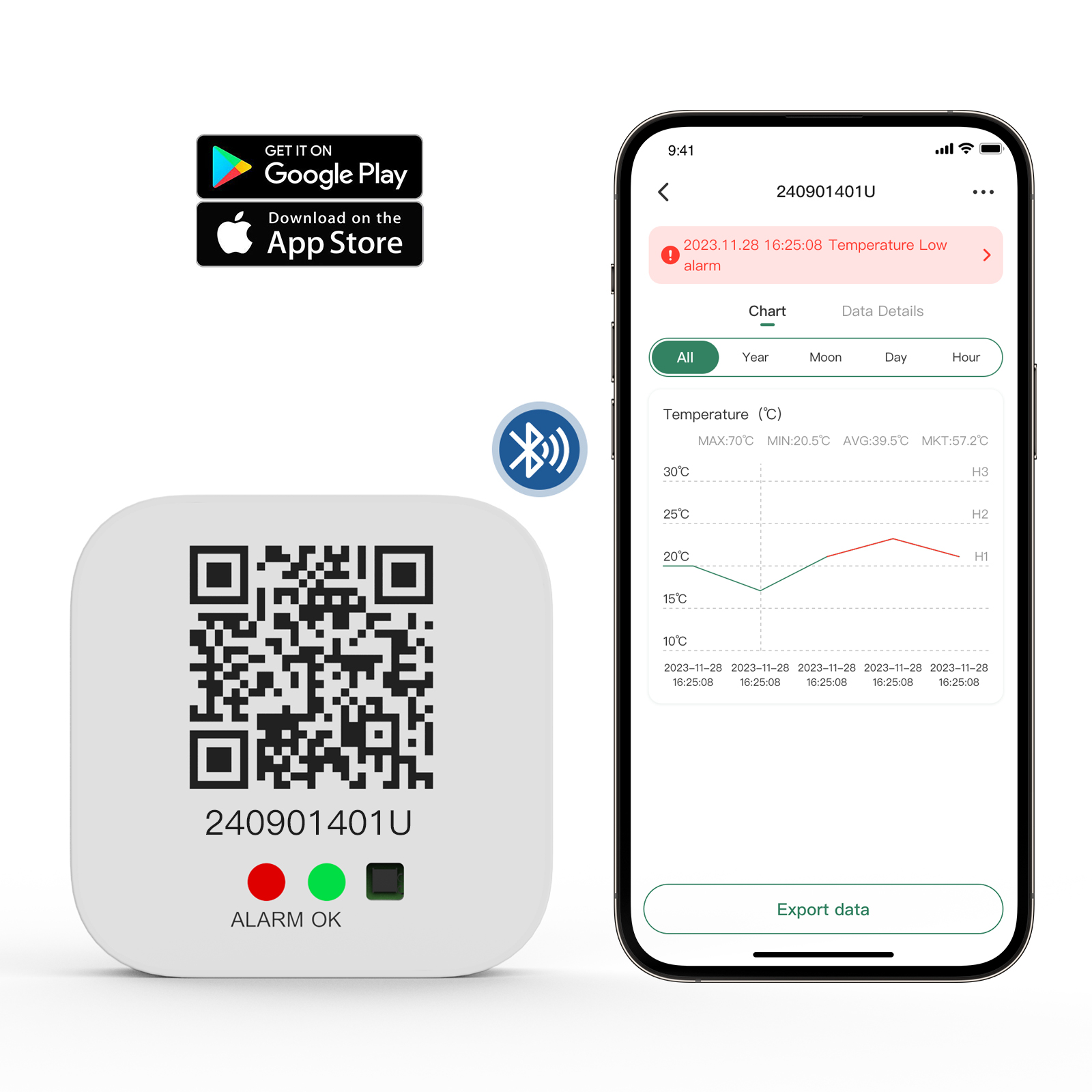 BlueTag T100/TH100 Bluetooth Temperature and Humidity Data Logger
