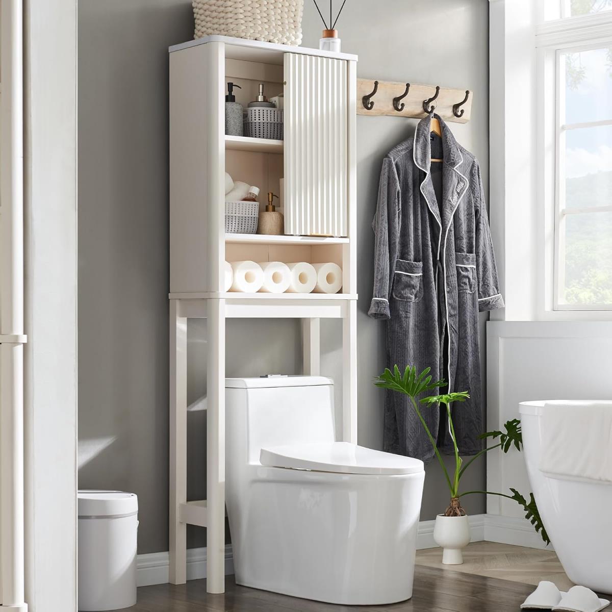 Source Factory OEM Wood Tall Over The Toilet Storage Cabinet with Fluted Sliding Door
