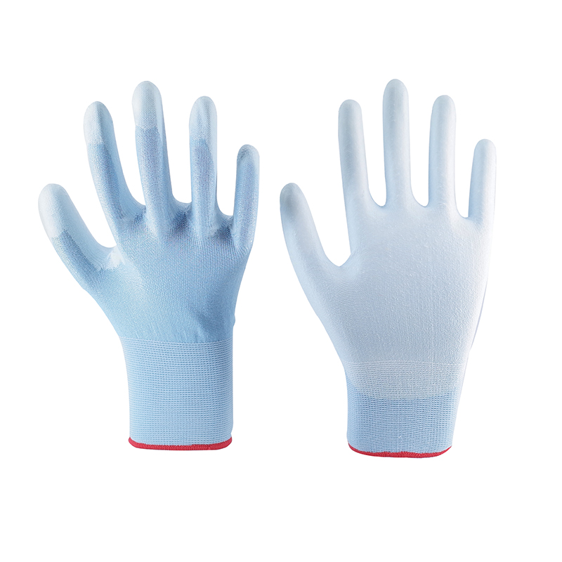 PU Gloves-15G Blue Polyester White PU Gloves Working Gloves