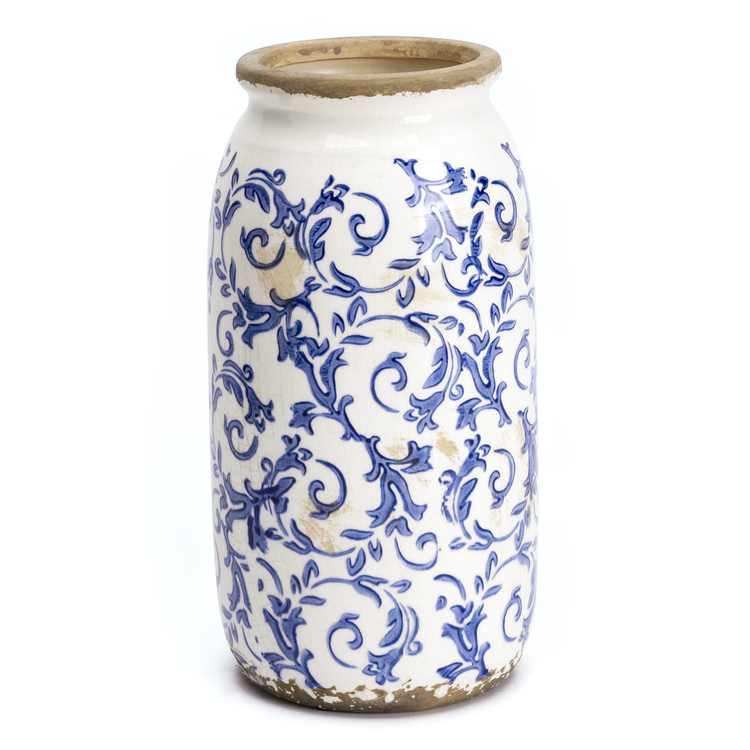 17x17x29CM white cracked glaze with blue pattern theme can shaped flat mouth worn out effect vase