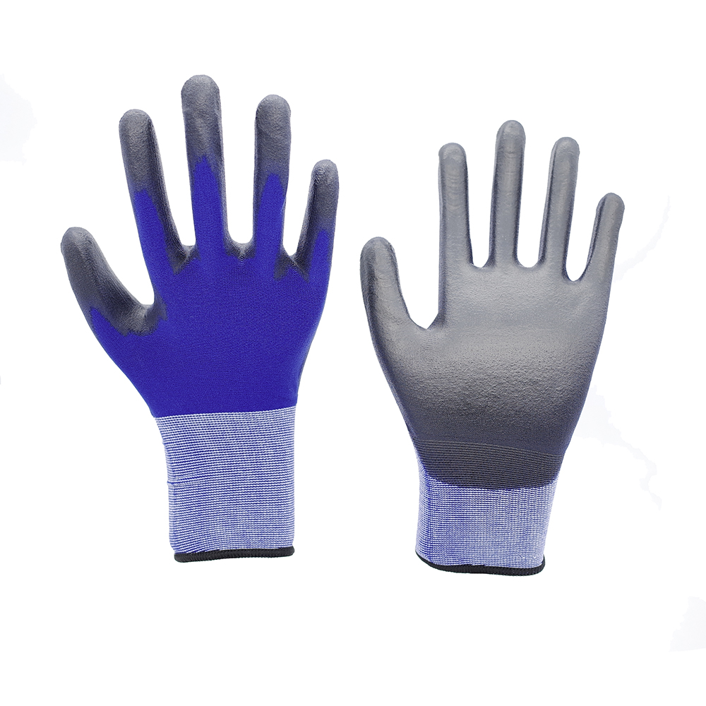 PU Gloves-18G Blue Nylon Black PU Gloves Working Gloves