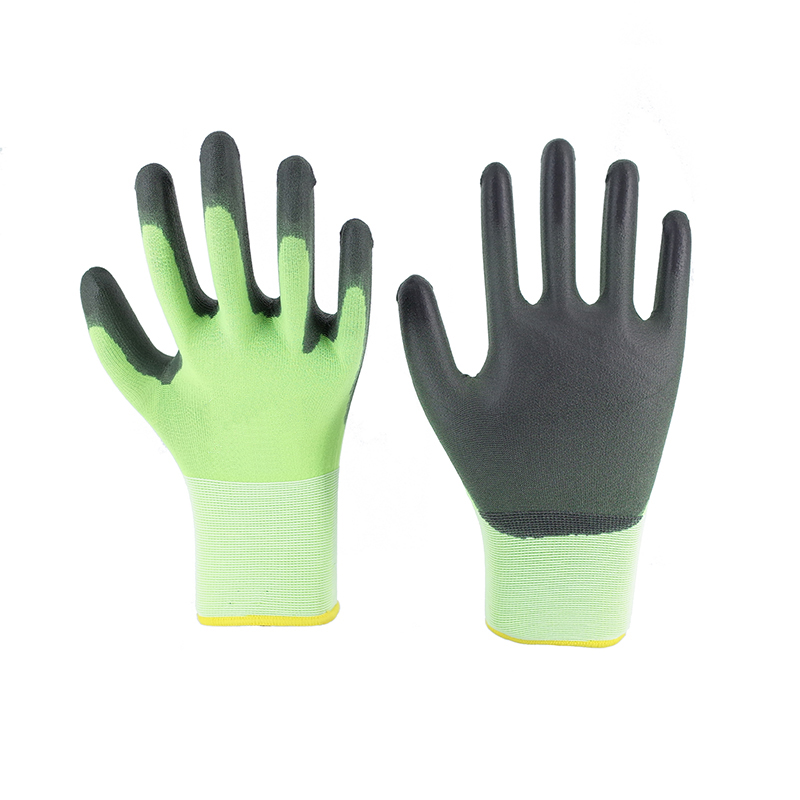 PU Gloves-18G Fluorescent Green Nylon Black PU Gloves Working Gloves