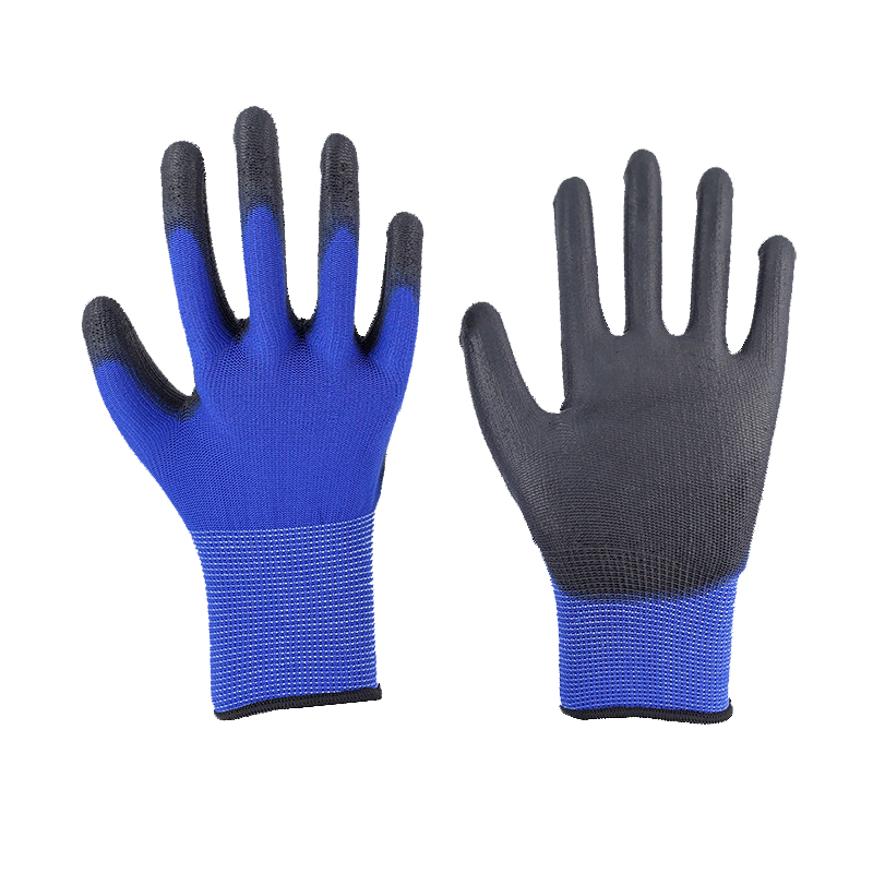PU Gloves-13 Gauge Blue Polyester Black PU Gloves Working Gloves
