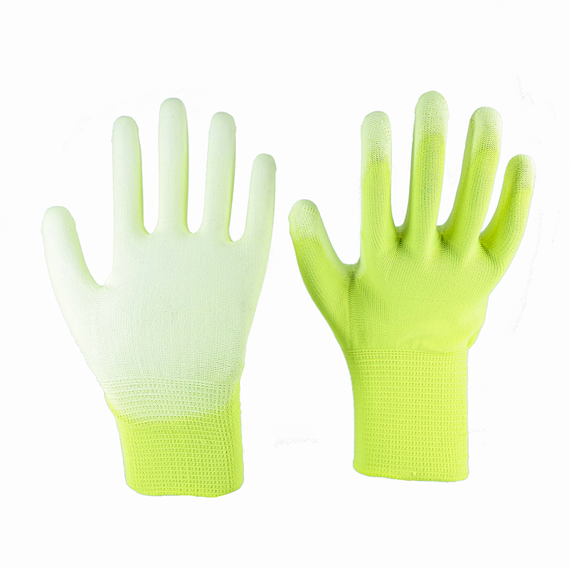 PU Gloves-13 Stitches Fluorescent Green Polyester White PU Gloves Working Gloves