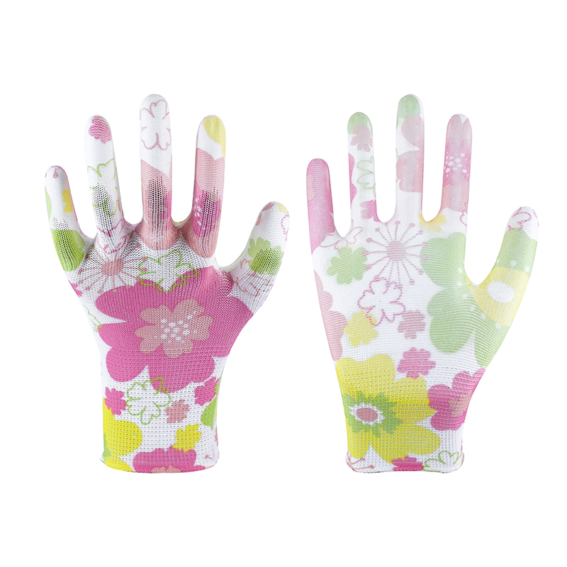 Garden PU Gloves-13 Stitches Pink Green Flower Garden PU Gloves Working Gloves