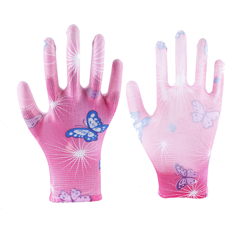 Garden PU Gloves-13 Stitch Pink Butterfly Print PU Gloves Working Gloves