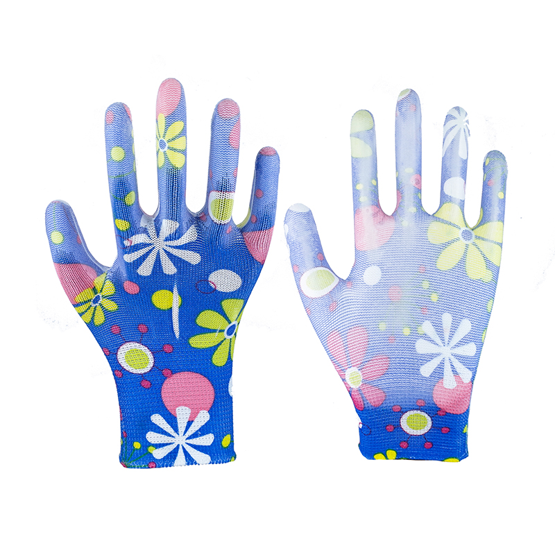 Garden PU Gloves-13 Stitches Blue Large Flower PU Gloves Working Gloves