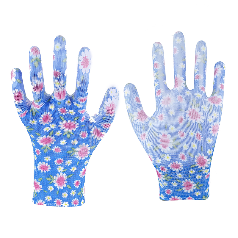 Garden PU Gloves-13 Stitches Blue Large Flower PU Gloves Working Gloves