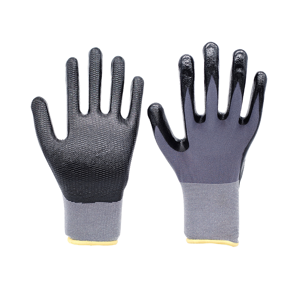 Nitrile Embossed Gloves-15G Gray Spandex Black Nitrile Embossed Gloves Working Gloves