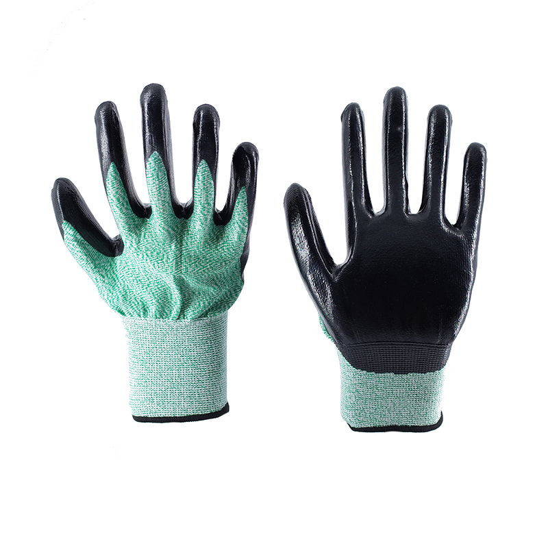 Cut Resistant Gloves-Black Nitrile Glossy Green Polyester Cut Resistant Working Gloves
