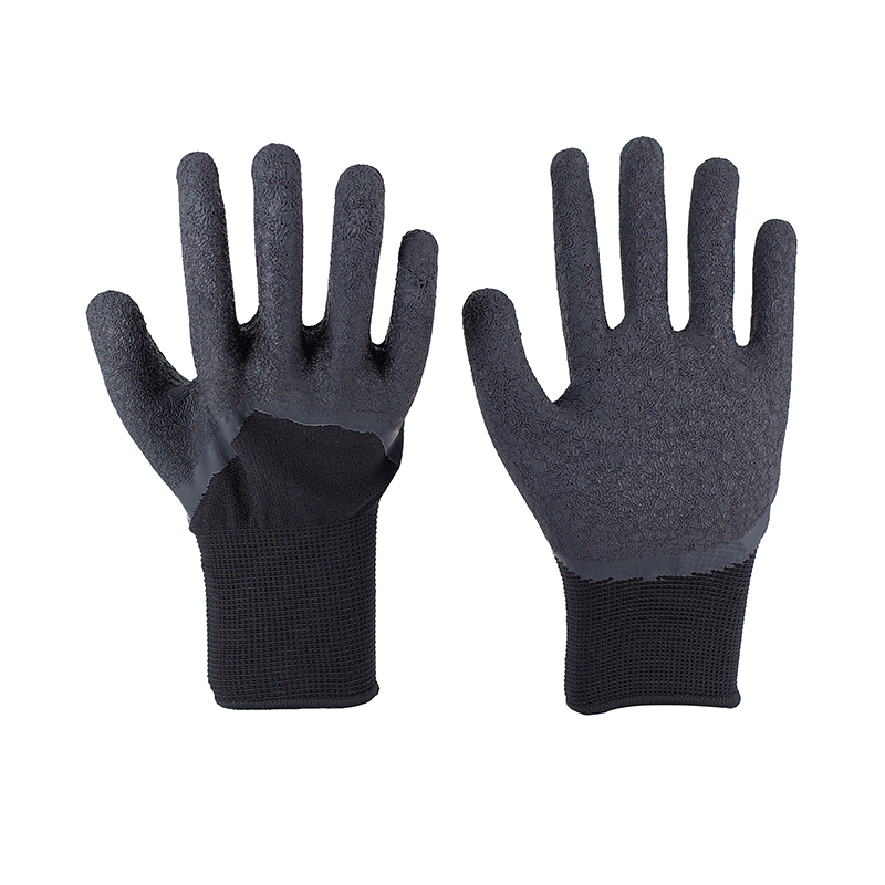 Latex Gloves-13G Black Polyester Black Latex Crinkle Semi-Hanging Working Gloves
