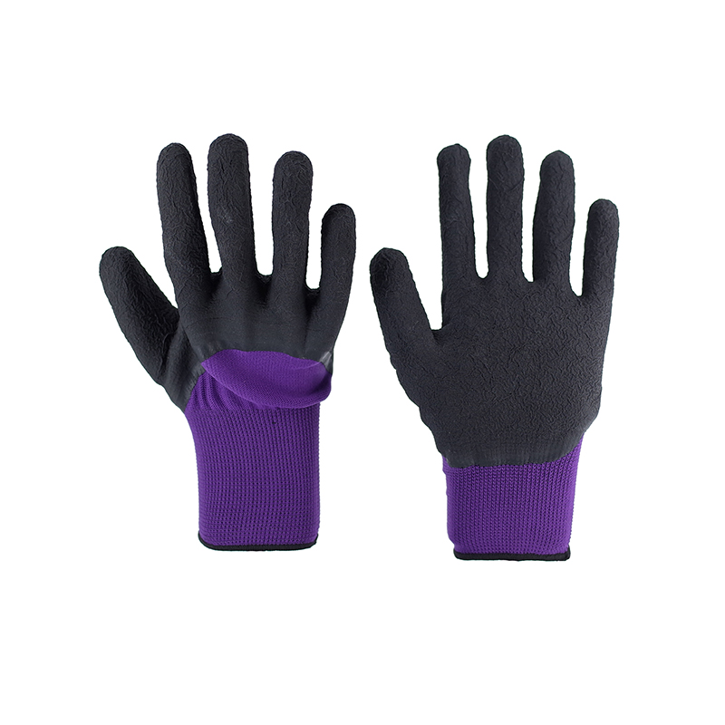 Latex Gloves-13G Purple Polyester Black Latex Crumpled Half Hanging Working Gloves