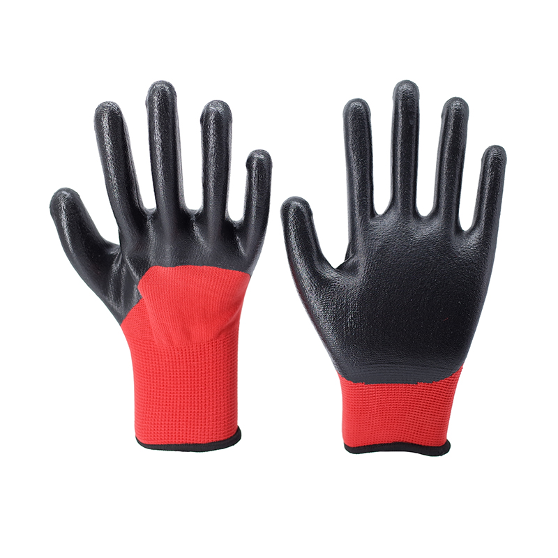 Nitrile Gloves-13 Stitch Red Polyester Black Nitrile Semi-Hanging Gloves Working Gloves