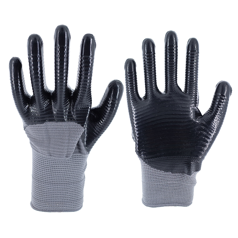 Nitrile Gloves-13 Stitch Gray Polyester Black Nitrile Ribbed Semi-Hanging Gloves Working Gloves