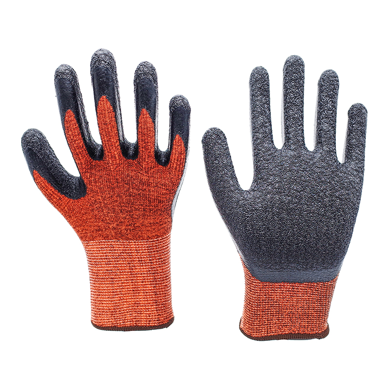 Latex Gloves-13 Gauge Orange Polyester Black Latex Crinkle Flat Hanging Working Gloves