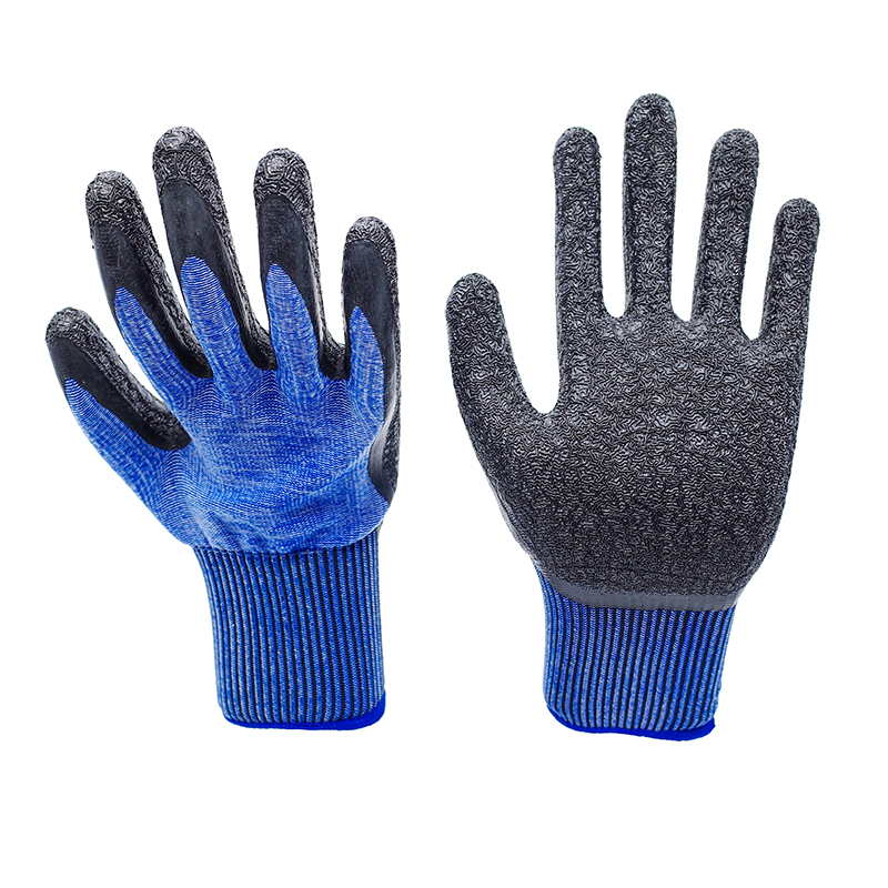 Latex Gloves-13 Gauge Blue Polyester Black Latex Crinkle Flat Hanging Working Gloves