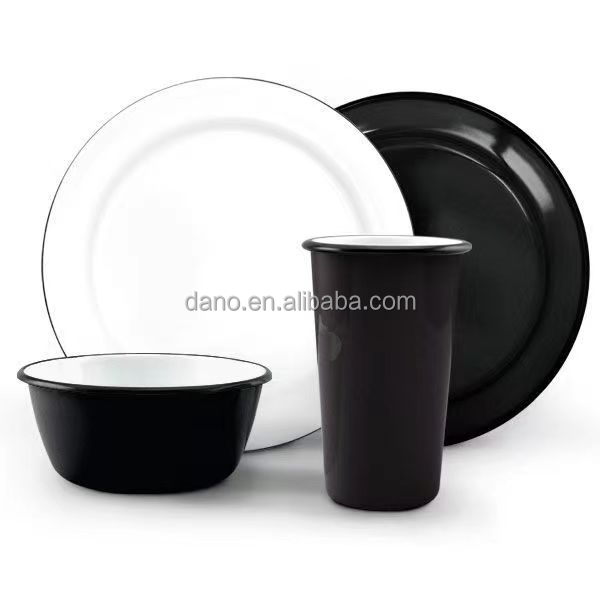 Enamel dinner plate set cup bowl dish outdoor camping