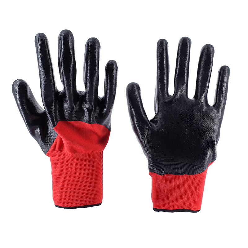 Nitrile Gloves-13 Stitches Red Polyester Black Nitrile Glossy Semi-Hanging Gloves Working Gloves