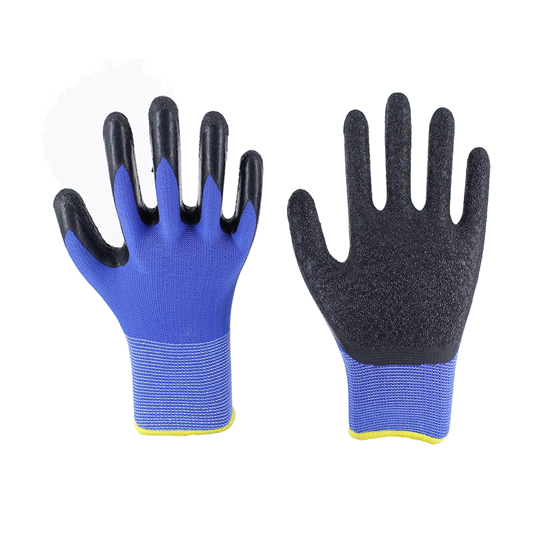 Latex Gloves-13 Gauge Blue Polyester Black Latex Crinkle Flat Hanging Working Gloves