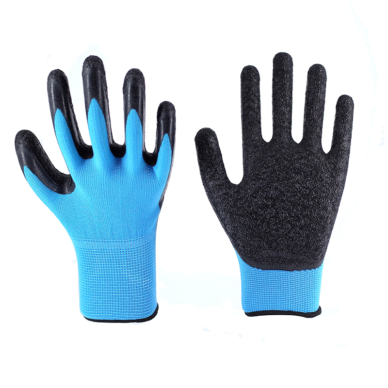 Latex Gloves-13 Gauge Light Blue Polyester Black Latex Crinkle Flat Hanging Working Gloves