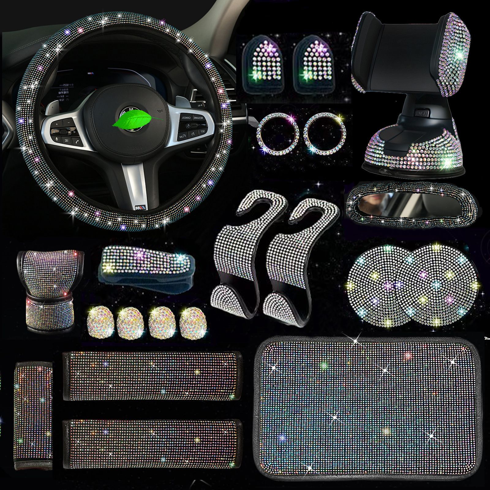 Diamand car decration kits( steering wheel cover, vlave cap, cup pad etc.