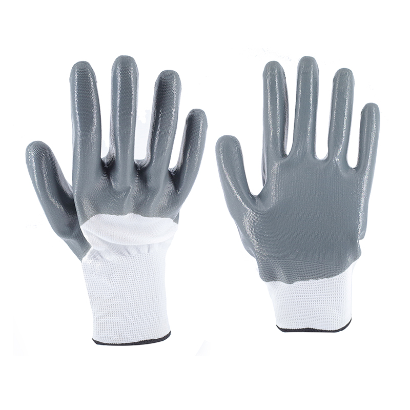 Nitrile Gloves-13 Gauge White Polyester Gray Nitrile Glossy Semi-Hanging Gloves Working Gloves
