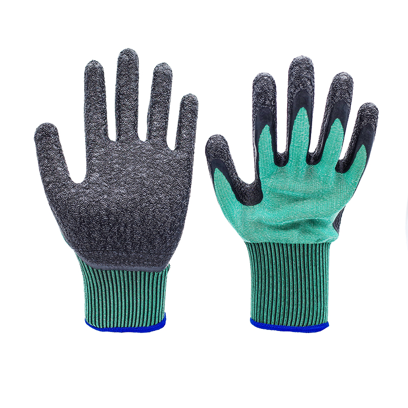 Latex Gloves-13 Gauge Green Polyester Black Latex Crinkle Flat Hanging Working Gloves
