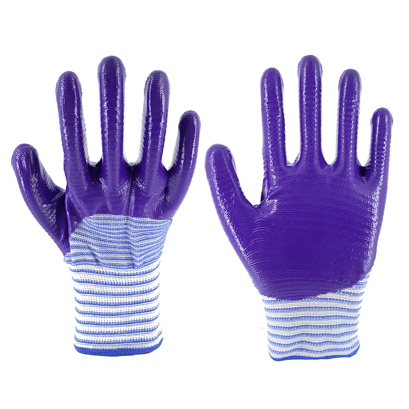 Nitrile Gloves-13 Gauge Purple Stripe Nitrile Smooth Ribbed Semi-Hanging Gloves Working Gloves