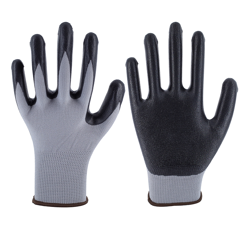 Nitrile Gloves-13 Stitches Gray Polyester Black Nitrile Glossy Gloves Working Gloves
