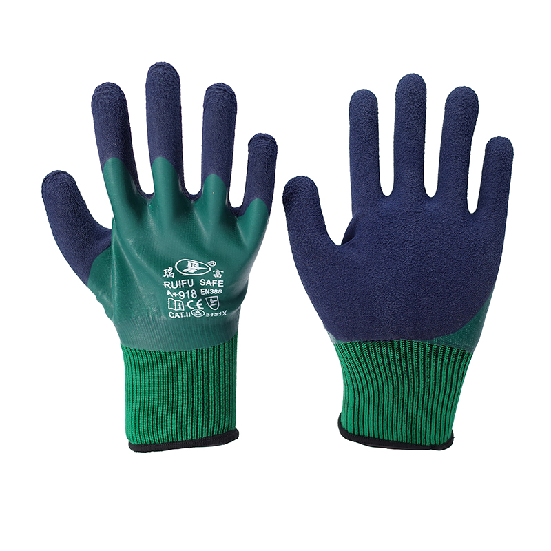 Foam Gloves-13 Gauge Green Polyester Double Layer Blue Latex Foam Full Hanging Working Gloves