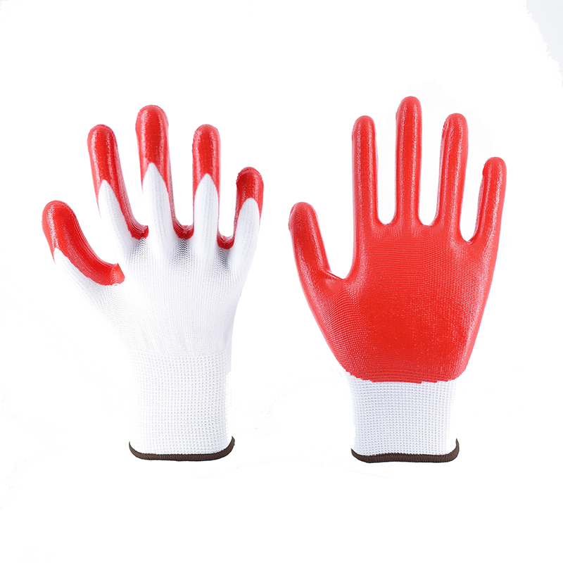 Nitrile Gloves-13 Gauge White Polyester Red Nitrile Glossy Gloves Working Gloves
