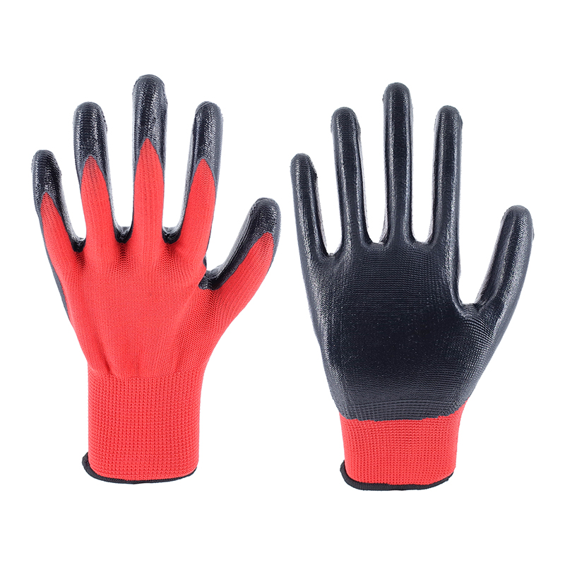 Nitrile Gloves-13 Stitch Red Polyester Black Nitrile Glossy Gloves Working Gloves