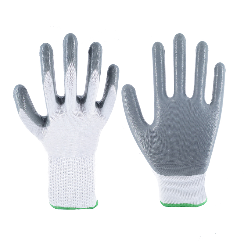 Nitrile Gloves-13 Gauge White Polyester Gray Nitrile Glossy Gloves Working Gloves