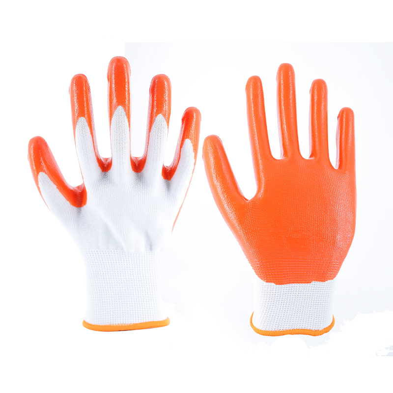 Nitrile Gloves-13 Gauge White Polyester Orange Nitrile Glossy Gloves Working Gloves