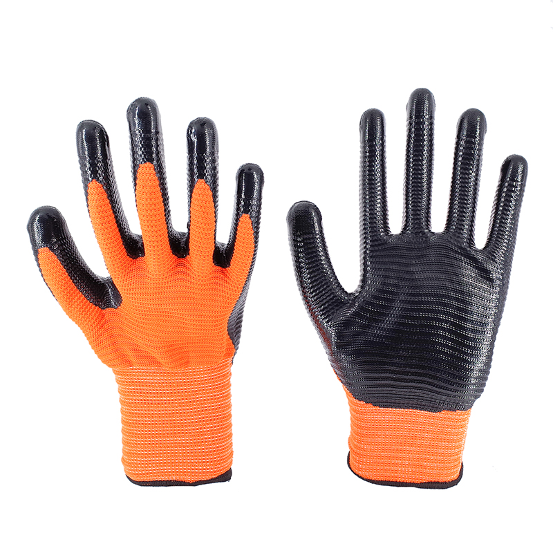 Nitrile Gloves-13 Stitch Orange Polyester Black Nitrile Ribbed Gloves Working Gloves