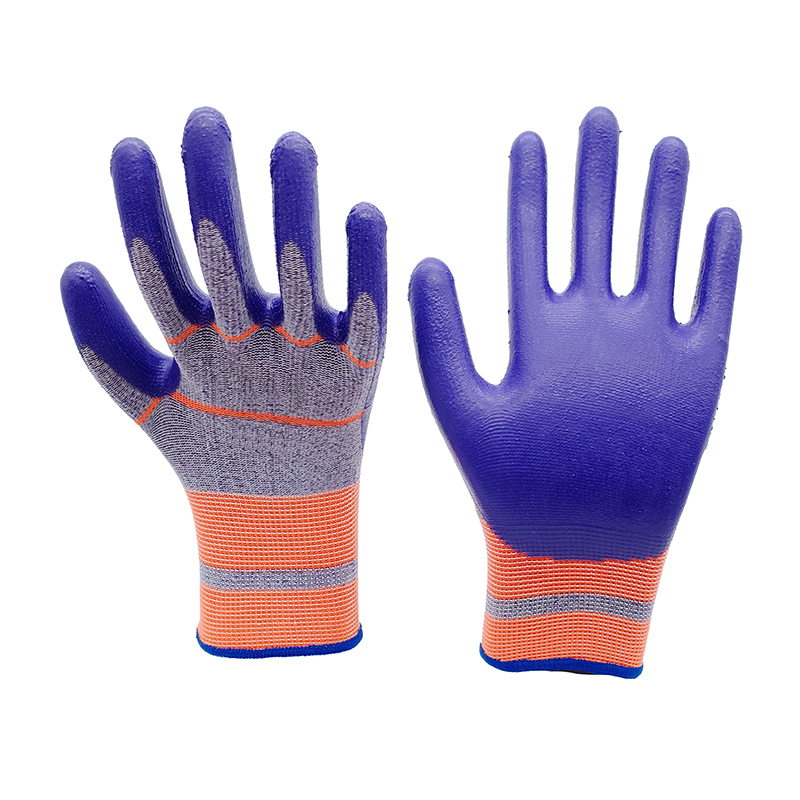 Nitrile Gloves-13 Gauge Orange Gray Polyester Purple Nitrile Glossy Gloves Working Gloves