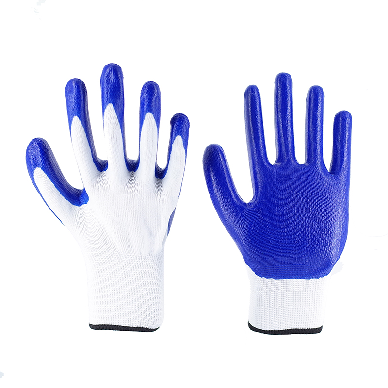 Nitrile Gloves-13 Gauge White Polyester Blue Nitrile Flat Hanging Grade B Gloves Working Gloves