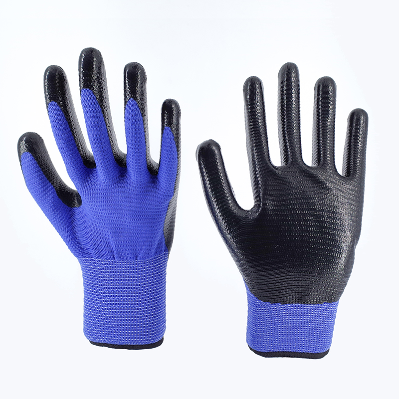 Nitrile Gloves-13 Gauge Blue Polyester Black Nitrile Ribbed Gloves Working Gloves