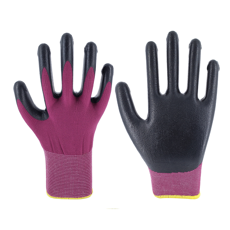 Nitrile Gloves-13 Stitches Magenta Polyester Black Nitrile Glossy Gloves Working Gloves