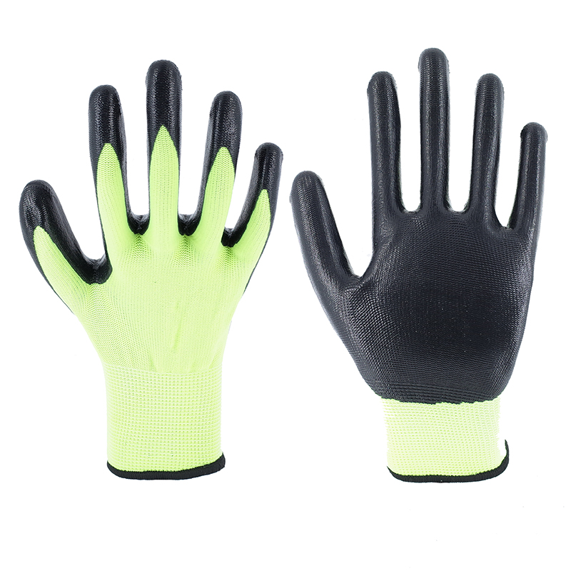 Nitrile Gloves-13 Stitch Fluorescent Green Polyester Black Nitrile Glossy Gloves Working Gloves