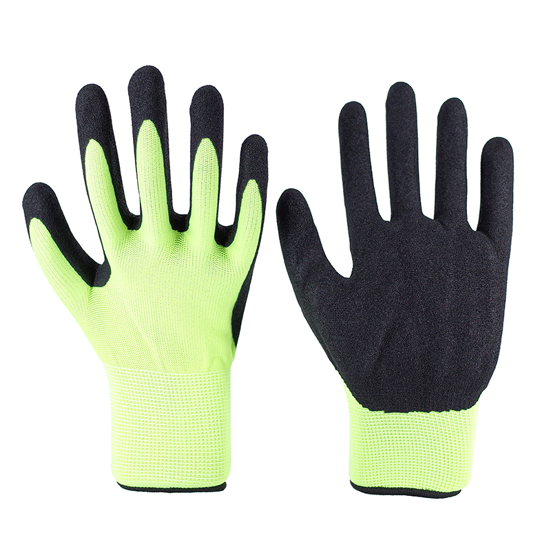 Frosted Gloves-13 Stitch Fluorescent Yellow Polyester Black Nitrile Frosted Gloves Working Gloves