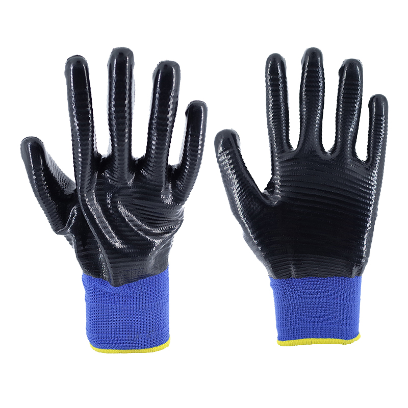 Nitrile Gloves-13 Gauge Blue Polyester Black Nitrile Ribbed Gloves Working Gloves