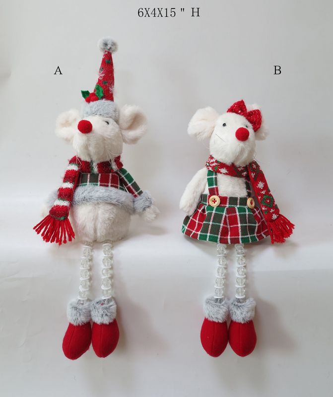 Red Green Plaid Collection Sitting Mice With Bead Legs Christmas Decoration