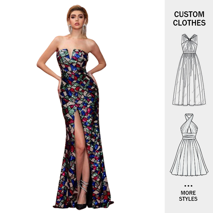 Sequin Dress Women Evening V Neck Off Shoulder Length Sexy Hot Design Shining Multicolor