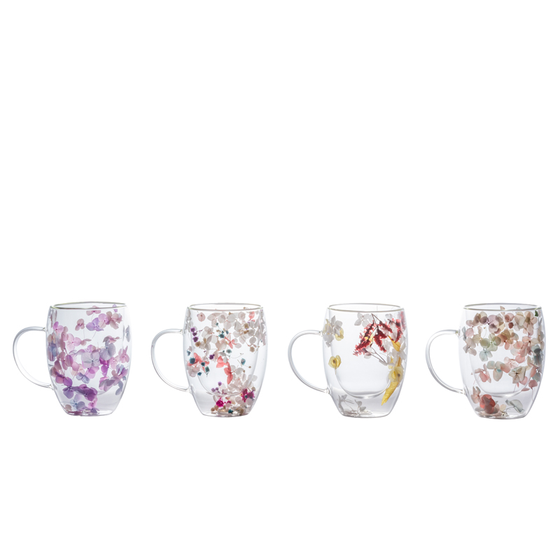 flower cup ,double wall coffee glass with handle,double wall coffee glass with dry flower