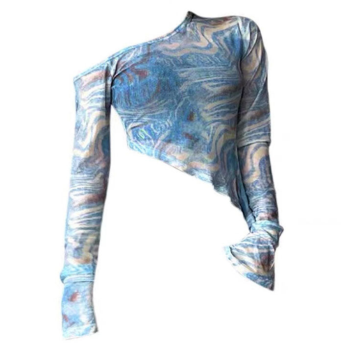 Fashion Mesh Stripe Tie Dye Slant Shoulder Flare Long Sleeve Asymmetric Design Women's Top